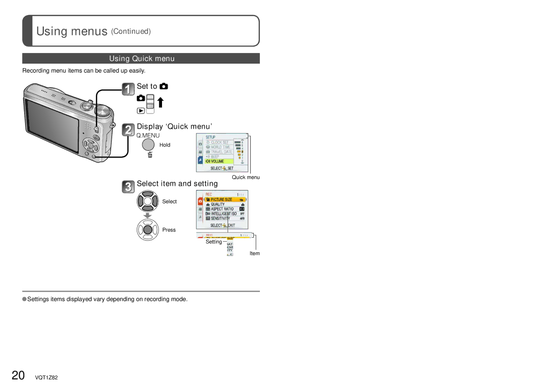 Panasonic DMC-ZS1K operating instructions Using Quick menu, Set to Display ‘Quick menu’, Select item and setting 