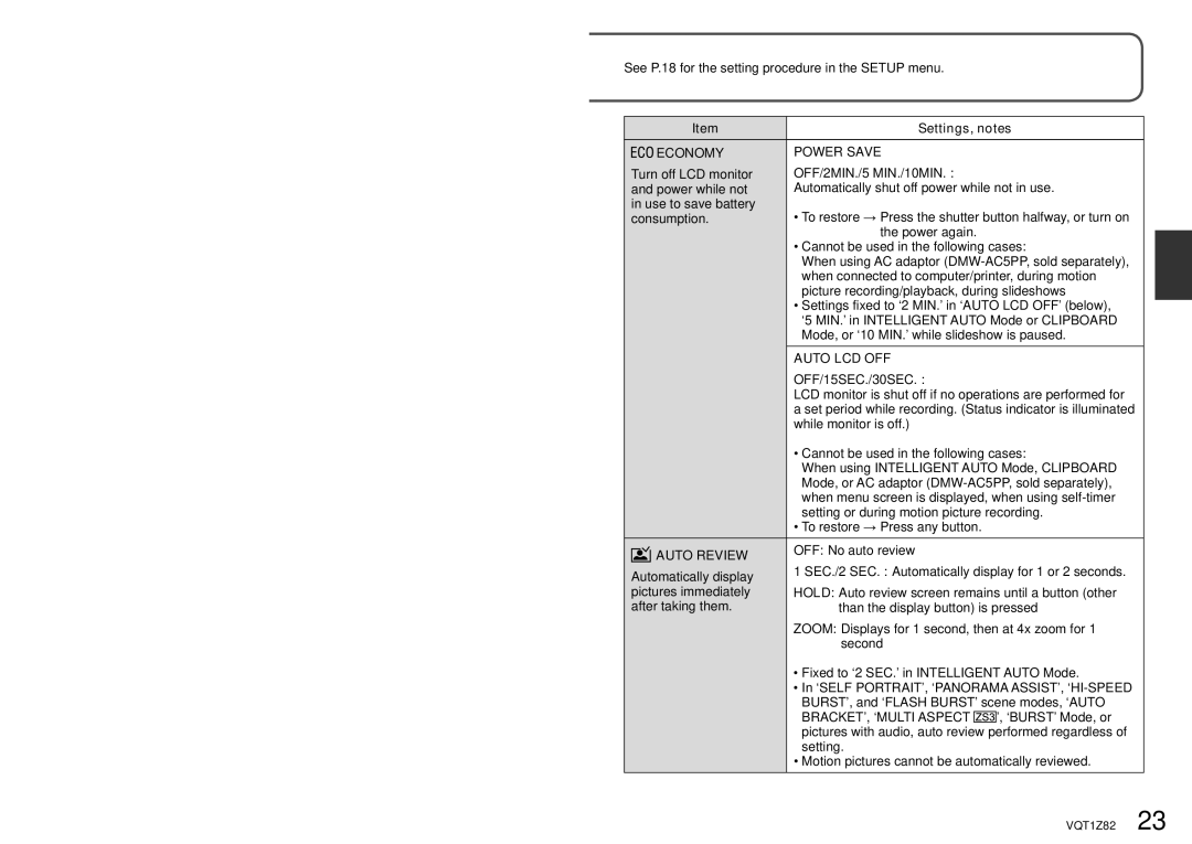 Panasonic DMC-ZS1K Economy Power Save, OFF/2MIN./5 MIN./10MIN, Auto LCD OFF, OFF/15SEC./30SEC, Auto Review 