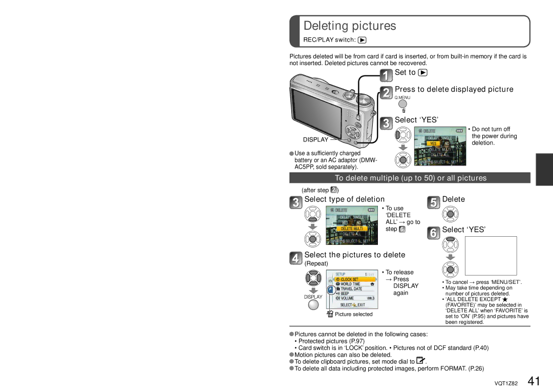 Panasonic DMC-ZS1K operating instructions Deleting pictures, To delete multiple up to 50 or all pictures 