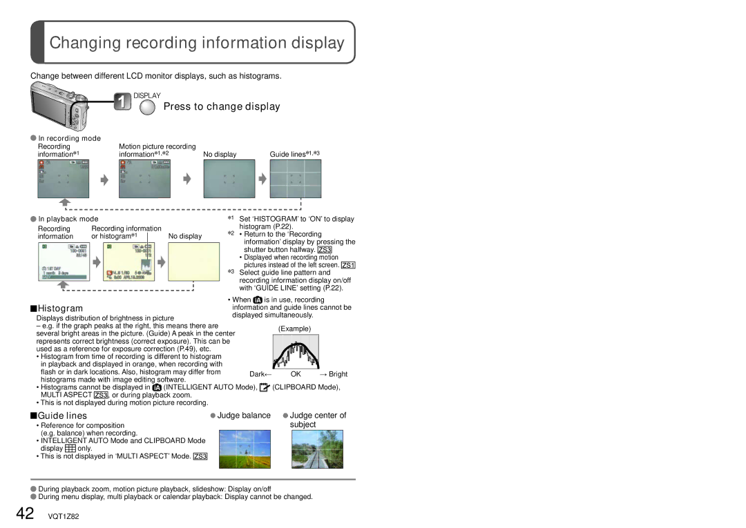 Panasonic DMC-ZS1K Changing recording information display, Press to change display, Histogram, Guide lines 