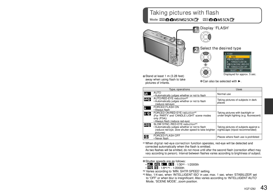 Panasonic DMC-ZS1K Taking pictures with flash, Display ‘FLASH’ Select the desired type, Can also be selected with 