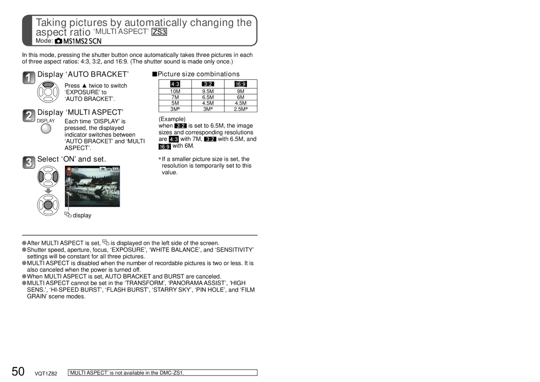 Panasonic DMC-ZS1K Display ‘MULTI ASPECT’, Select ‘ON’ and set, Picture size combinations, Example 