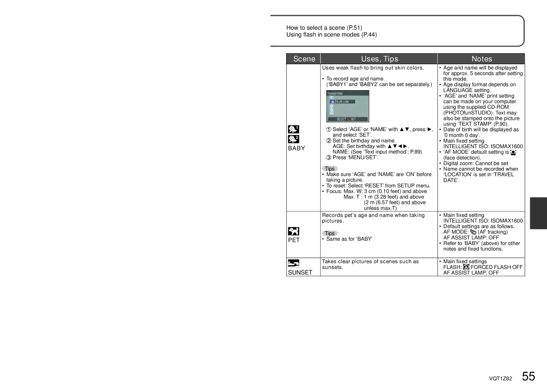 Panasonic DMC-ZS1K operating instructions Baby, Pet, Sunset 