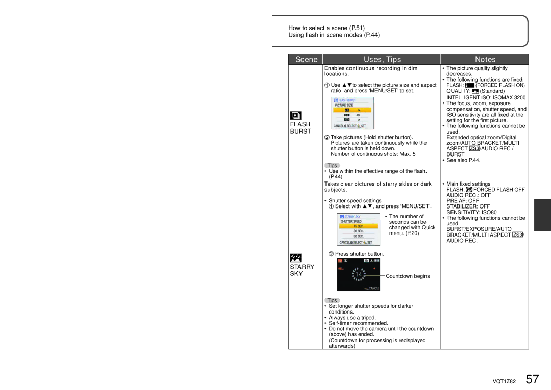 Panasonic DMC-ZS1K operating instructions Flash, Starry SKY 