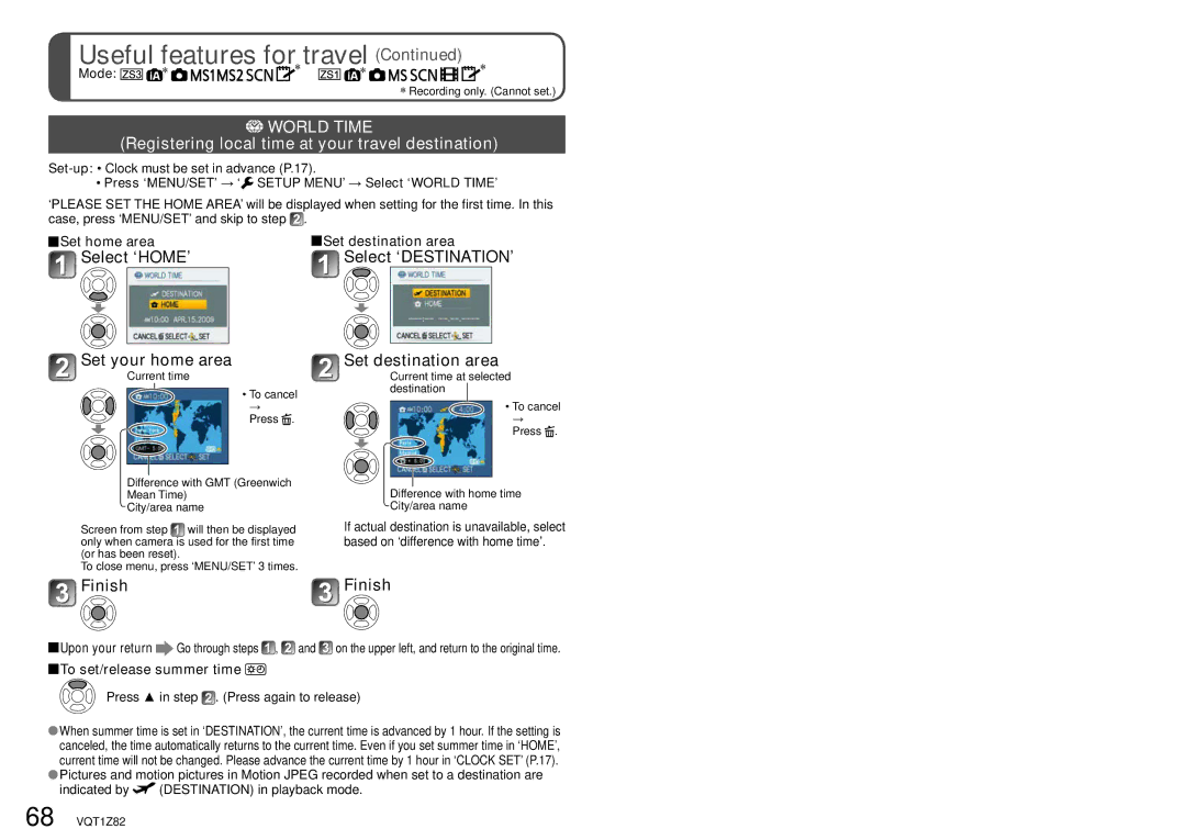 Panasonic DMC-ZS1 World Time, Registering local time at your travel destination, Set home area Set destination area 