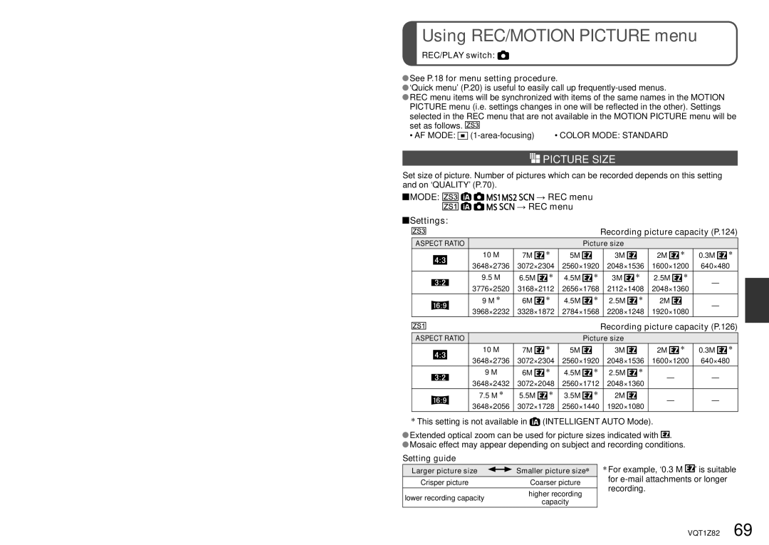 Panasonic DMC-ZS1K operating instructions Using REC/MOTION Picture menu, Picture Size 