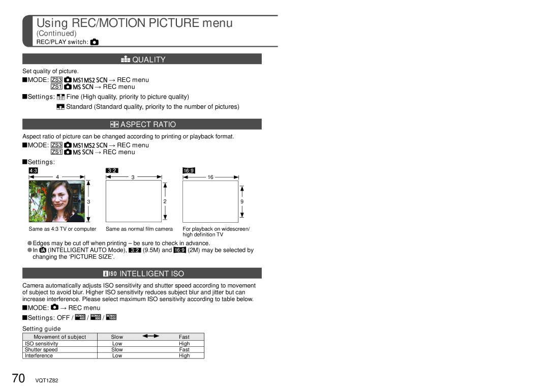 Panasonic DMC-ZS1K operating instructions Quality, Aspect Ratio, Intelligent ISO 