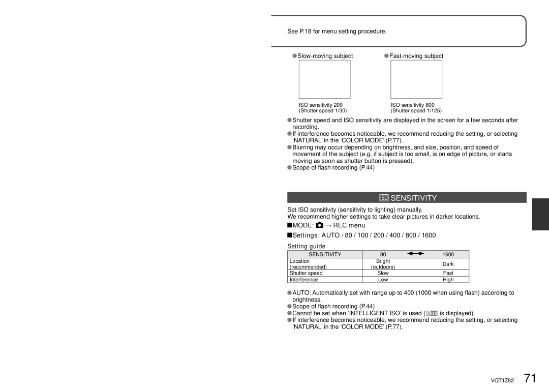 Panasonic DMC-ZS1K operating instructions Sensitivity, See P.18 for menu setting procedure Slow-moving subject, 1600 