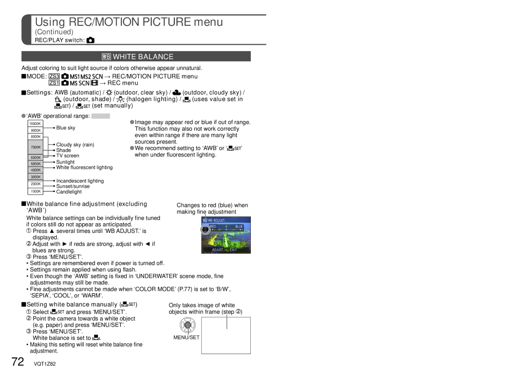 Panasonic DMC-ZS1K operating instructions White Balance 