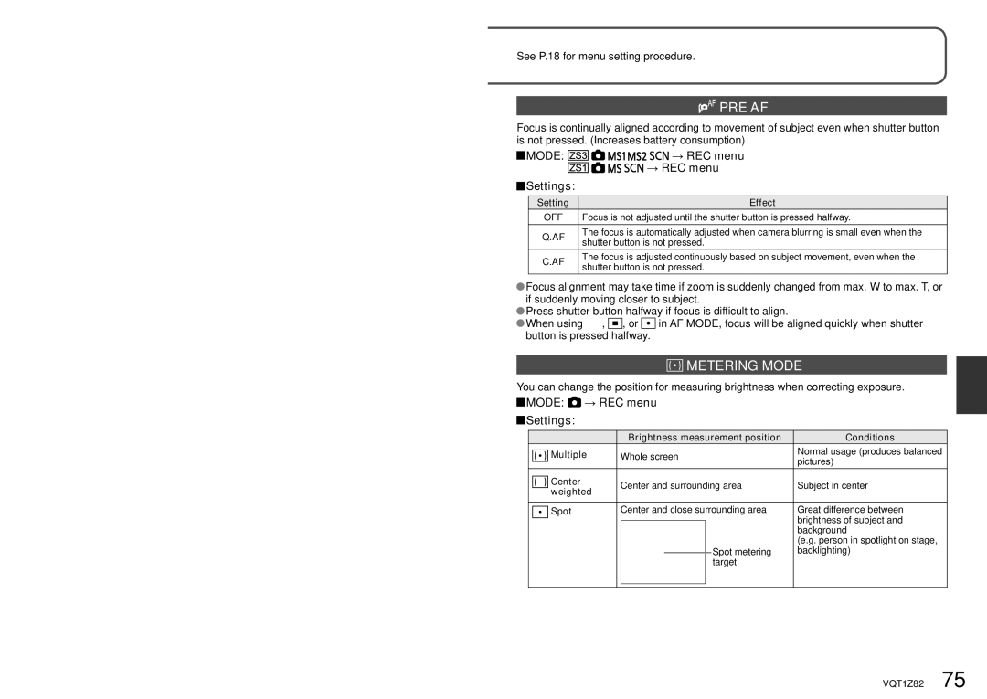 Panasonic DMC-ZS1K operating instructions Pre Af, Metering Mode, Off 