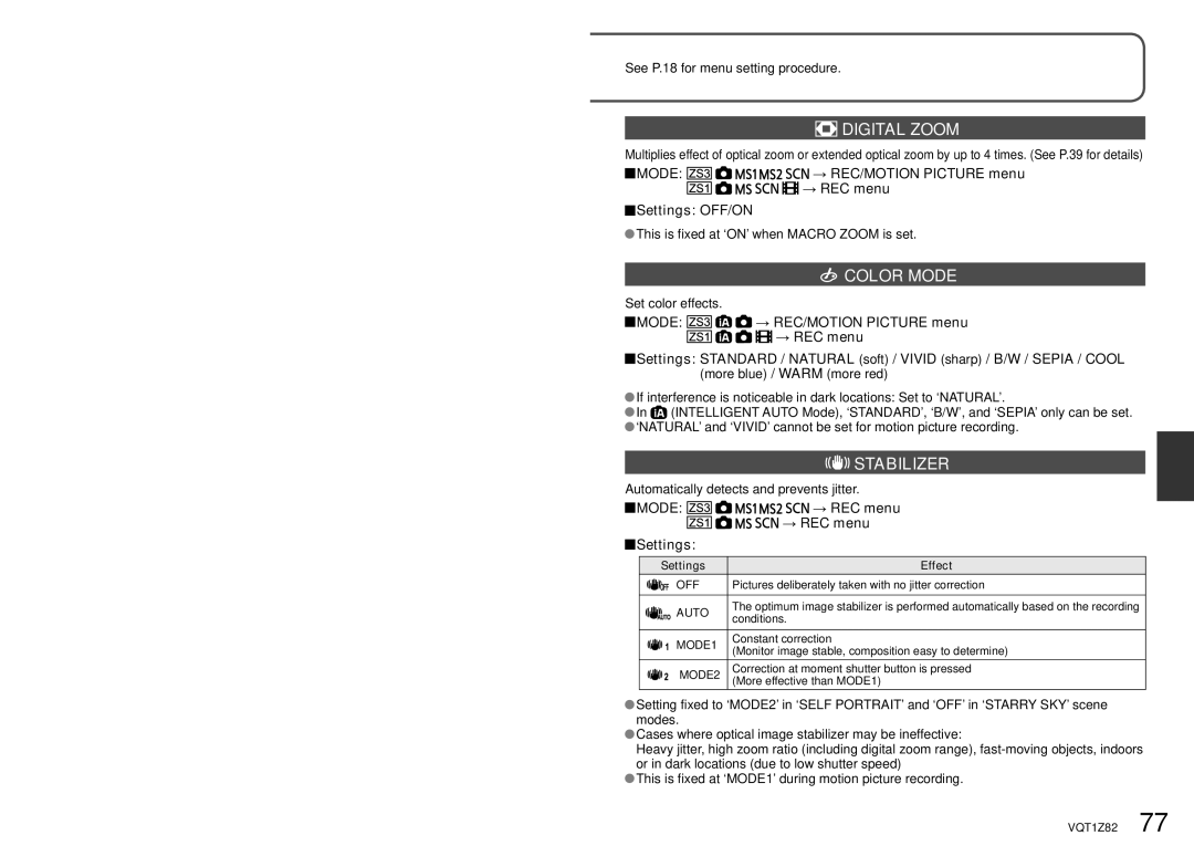 Panasonic DMC-ZS1K Digital Zoom, Color Mode, Stabilizer, Mode → REC/MOTION Picture menu → REC menu Settings OFF/ON 