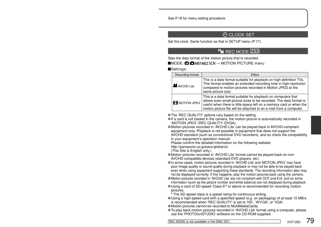 Panasonic DMC-ZS1K operating instructions Clock SET, REC Mode, → Motion Picture menu 