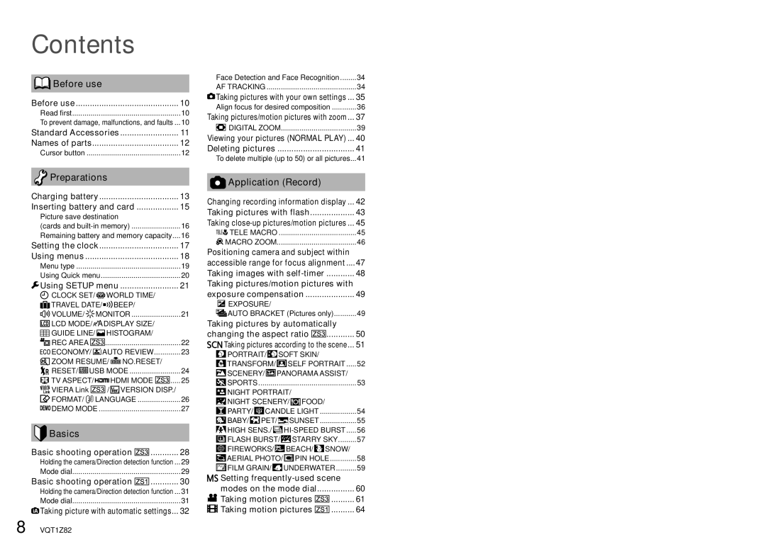 Panasonic DMC-ZS1K operating instructions Contents 