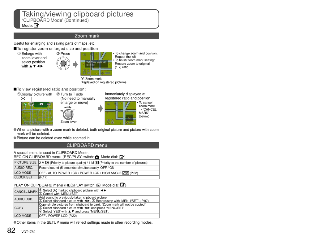 Panasonic DMC-ZS1K operating instructions Zoom mark, Clipboard menu, To register zoom enlarged size and position 