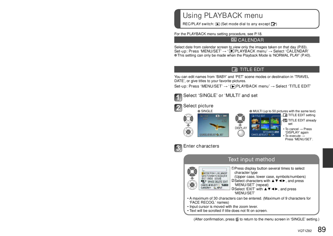 Panasonic DMC-ZS1K Using Playback menu, Calendar, Title Edit, Select ‘SINGLE’ or ‘MULTI’ and set Select picture 