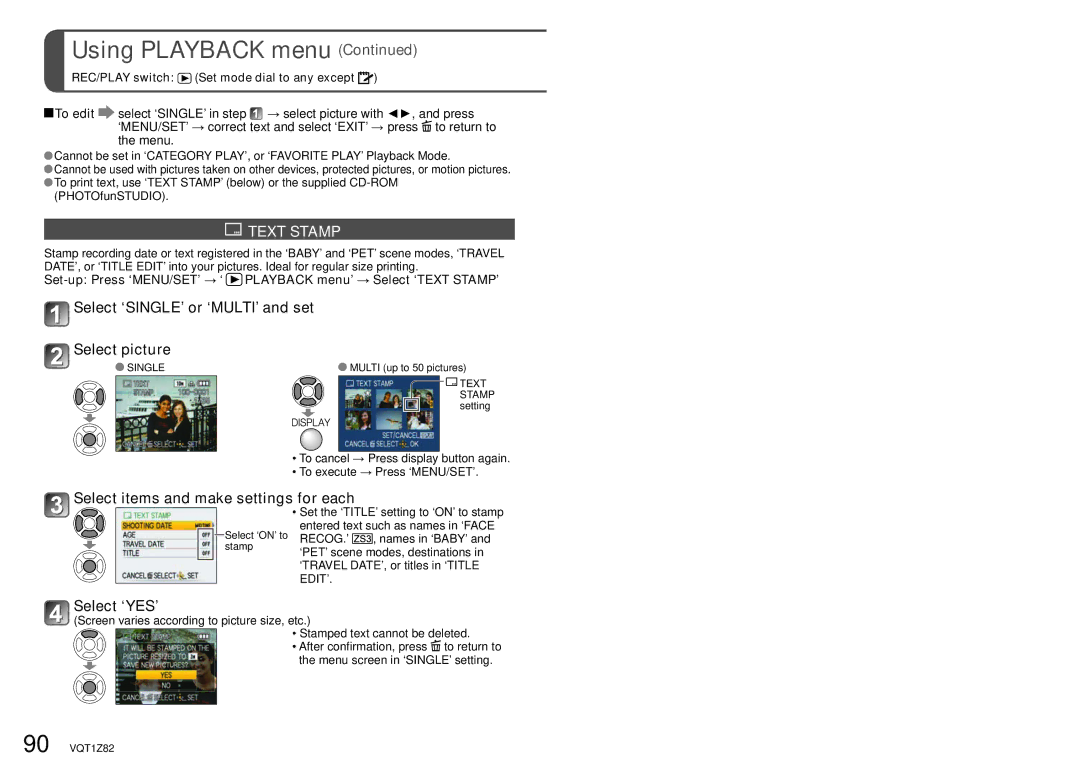 Panasonic DMC-ZS1 Text Stamp, Select items and make settings for each, REC/PLAY switch Set mode dial to any except To edit 