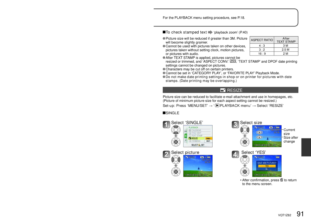 Panasonic DMC-ZS1K Resize, Select ‘SINGLE’ Select size, Select picture Select ‘YES’, To check stamped text, Single 