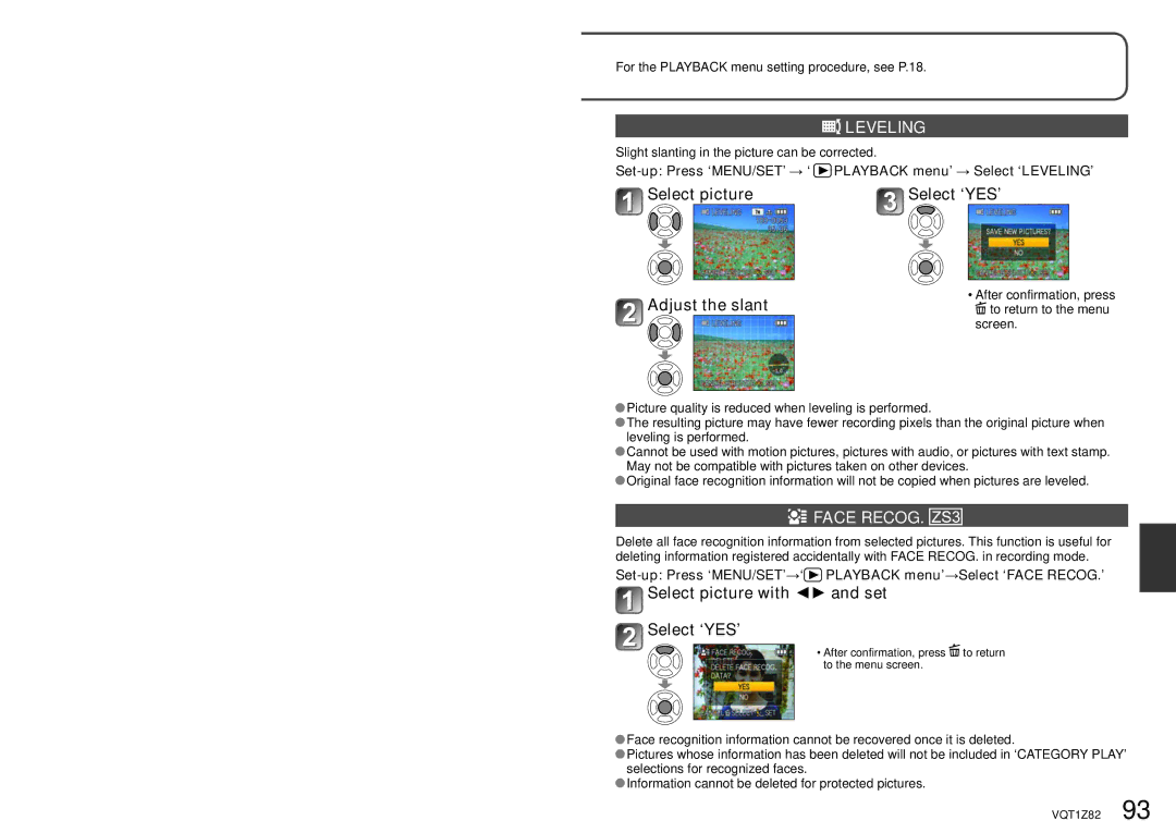 Panasonic DMC-ZS1K operating instructions Leveling, Select picture Select ‘YES’ Adjust the slant, Face Recog 