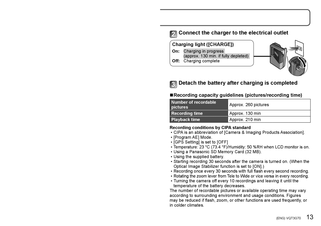 Panasonic DMC ZS10 Connect the charger to the electrical outlet, Detach the battery after charging is completed 