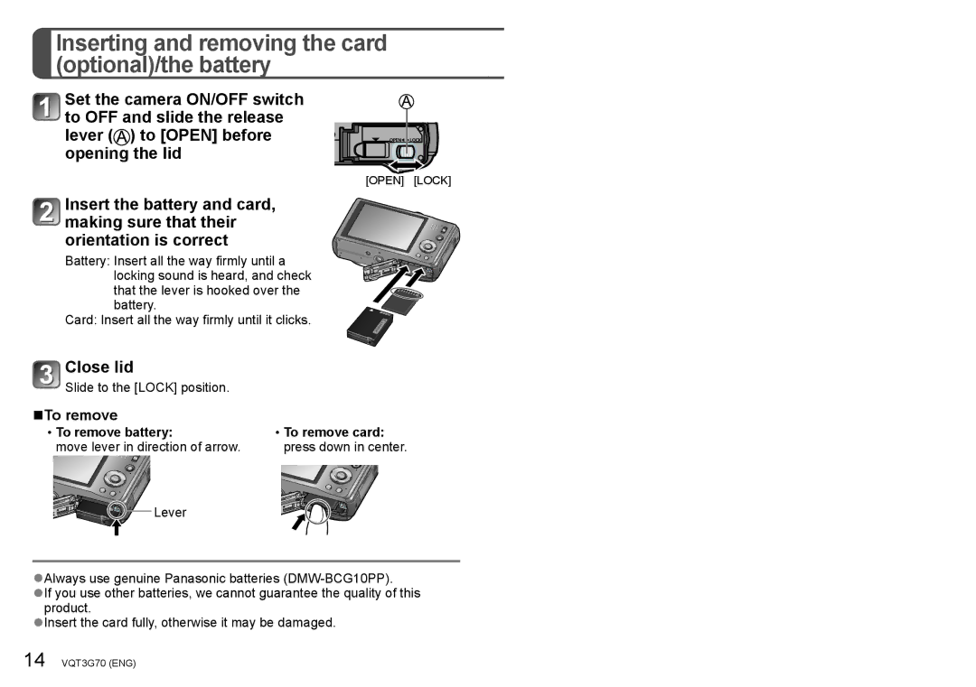 Panasonic DMC ZS10 owner manual Inserting and removing the card optional/the battery, Close lid, To remove 