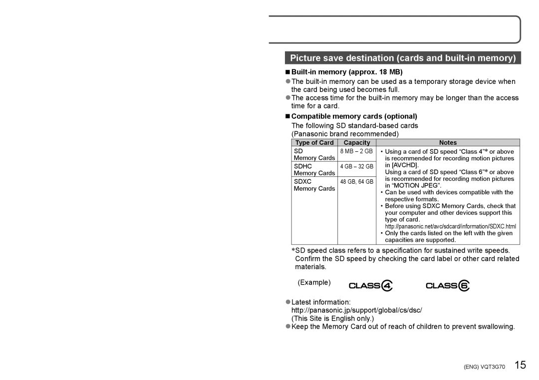 Panasonic DMC ZS10 owner manual Built-in memory approx MB, Compatible memory cards optional, Type of Card Capacity 