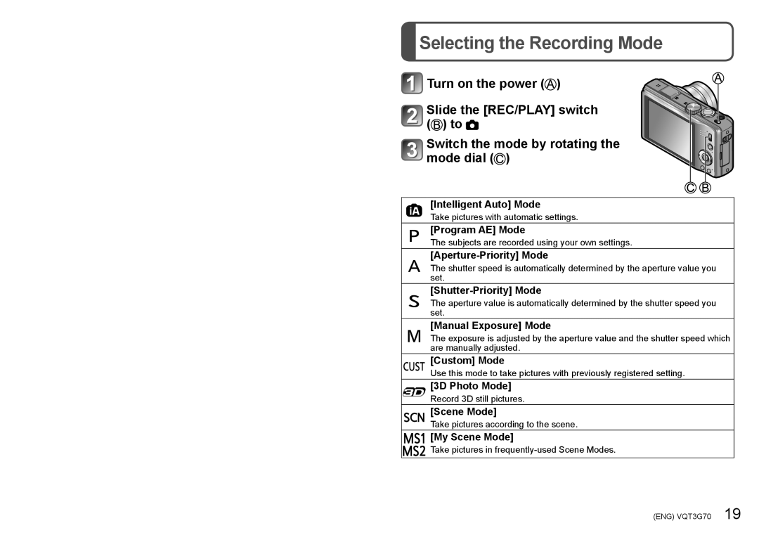 Panasonic DMC ZS10 owner manual Selecting the Recording Mode 