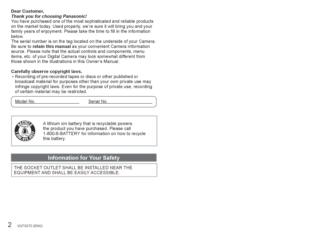 Panasonic DMC ZS10 owner manual Dear Customer, Carefully observe copyright laws 