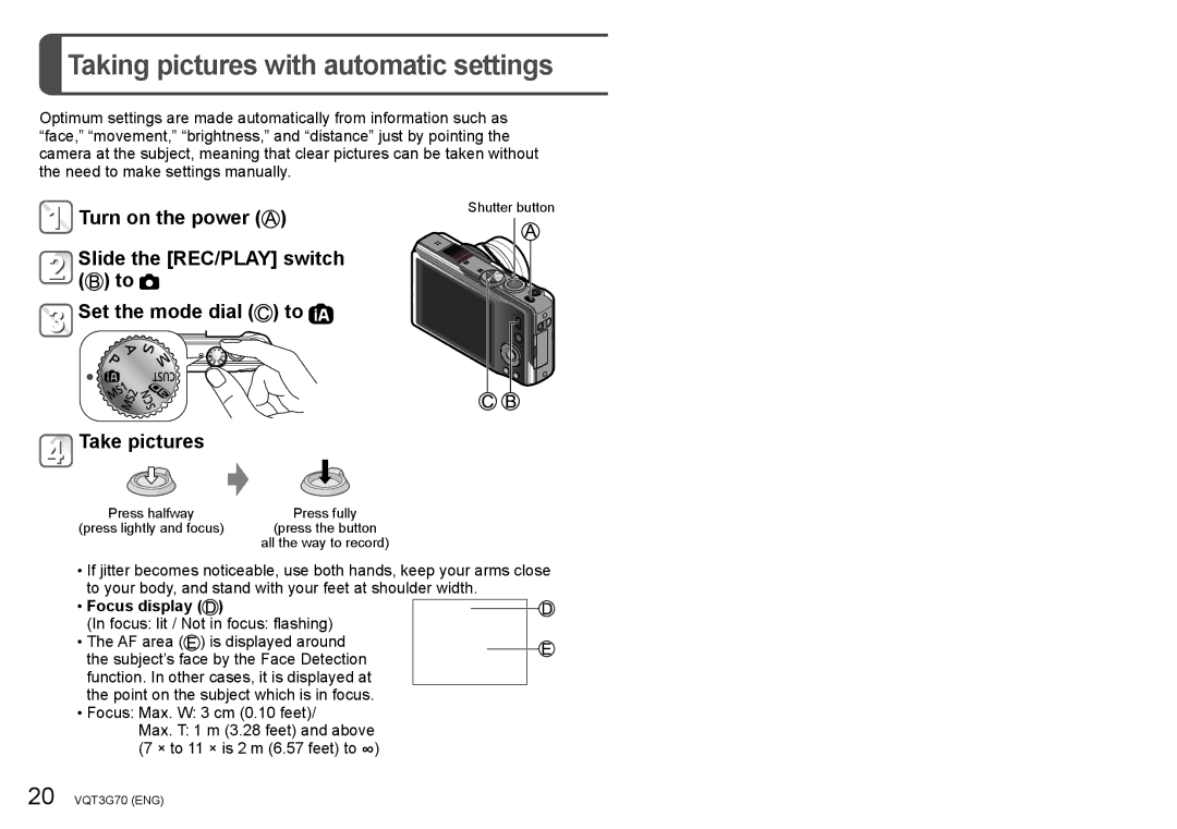 Panasonic DMC ZS10 owner manual Taking pictures with automatic settings, Take pictures, Focus display 