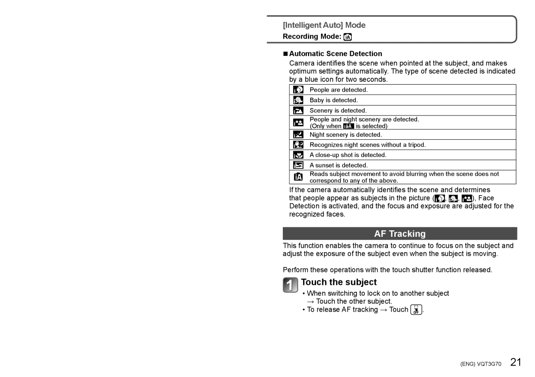 Panasonic DMC ZS10 owner manual Touch the subject, Recording Mode Automatic Scene Detection 