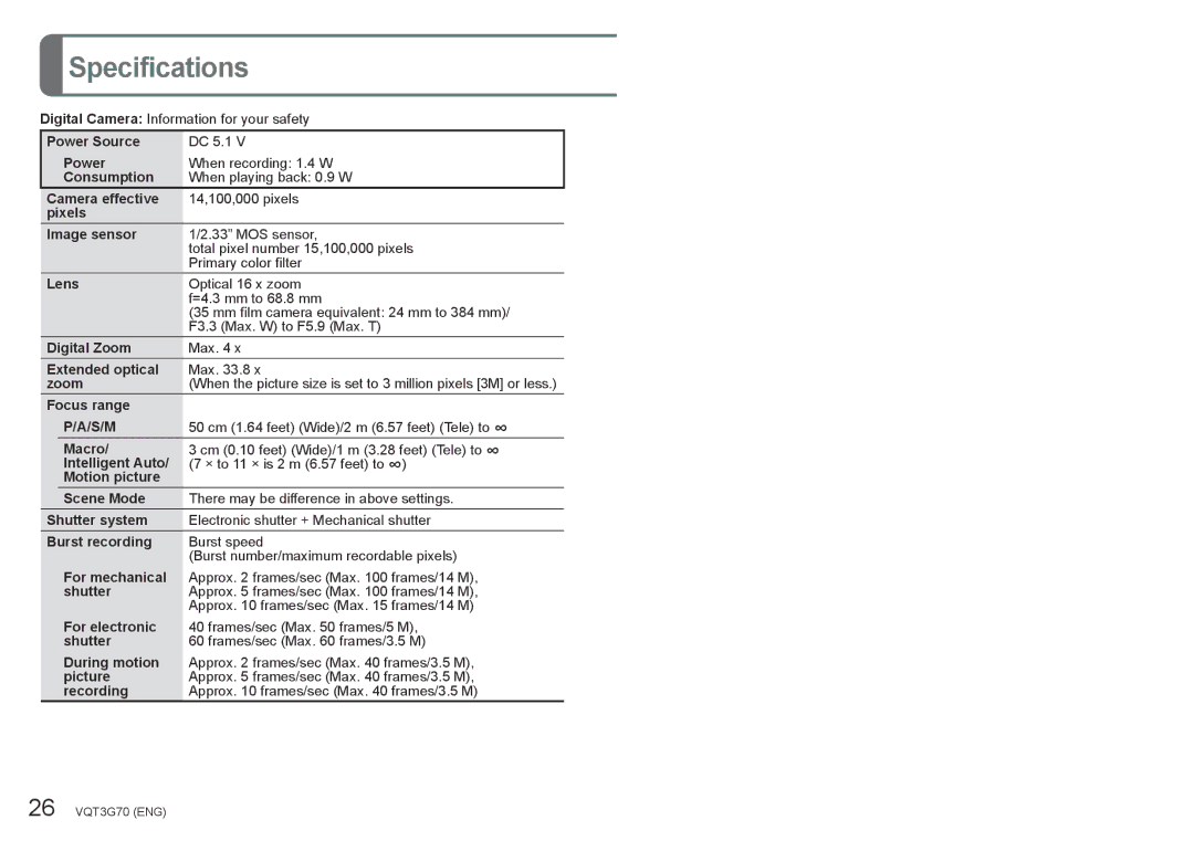 Panasonic DMC ZS10 owner manual Specifications 