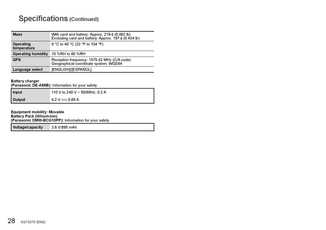 Panasonic DMC ZS10 owner manual Mass, Temperature Operating humidity, Language select, Battery charger, Input, Output 