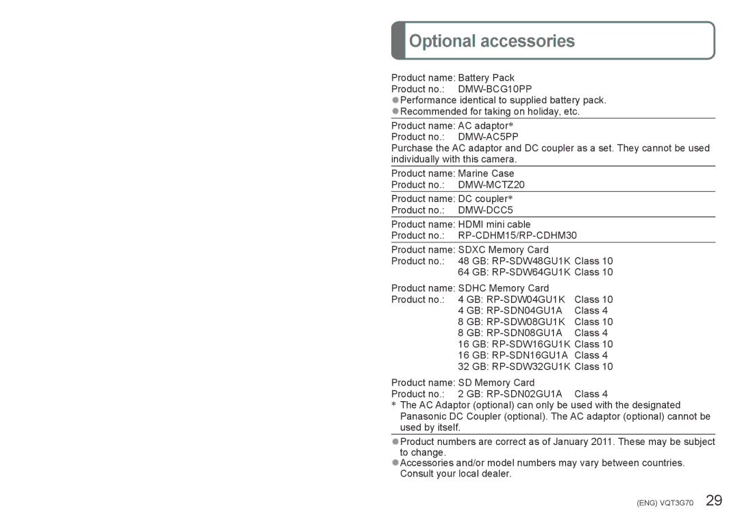 Panasonic DMC ZS10 owner manual Optional accessories, GB RP-SDN02GU1A 