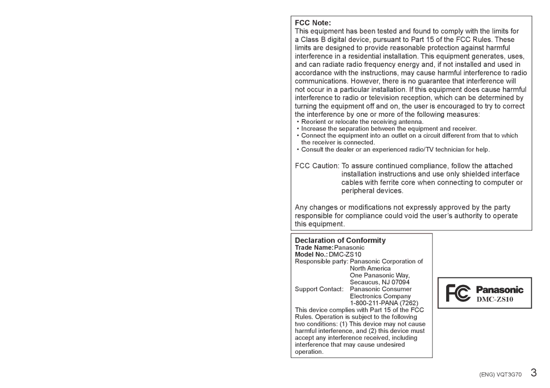 Panasonic DMC ZS10 owner manual FCC Note, Declaration of Conformity, Trade NamePanasonic Model No. DMC-ZS10 