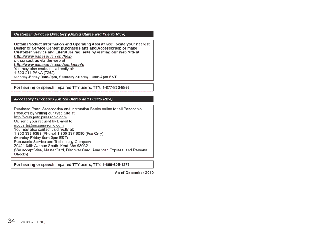 Panasonic DMC ZS10 owner manual For hearing or speech impaired TTY users, TTY 