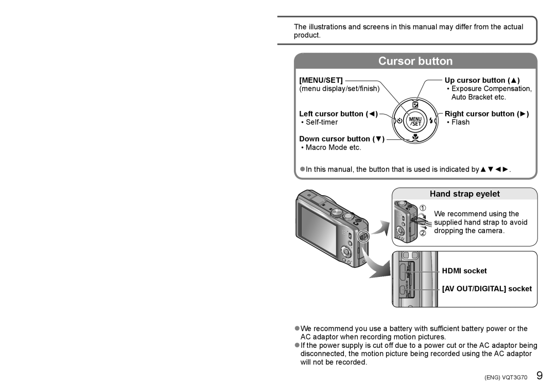 Panasonic DMC ZS10 owner manual Hand strap eyelet, Up cursor button, Left cursor button, Down cursor button 