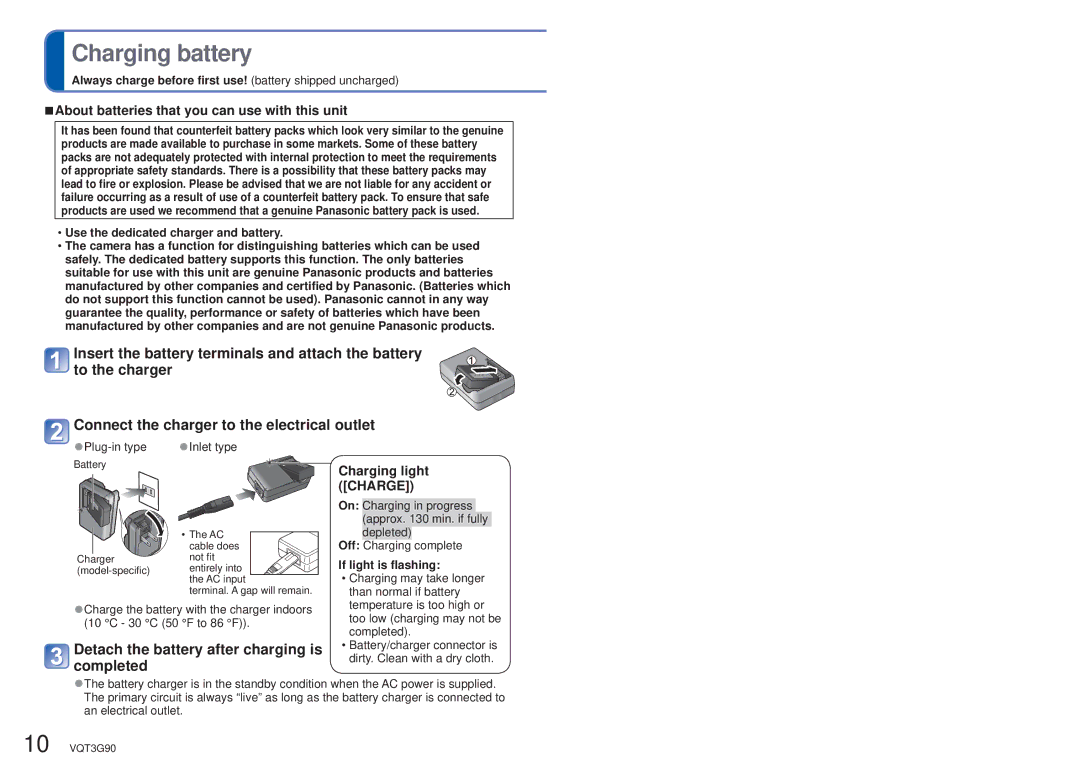 Panasonic DMC-ZS10S, DMCZS10S Charging battery, Detach the battery after charging is completed, Charging light Charge 