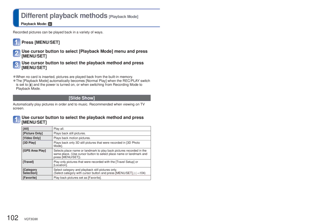 Panasonic DMCZS10A, DMC-ZS10S, DMCZS10S, DMCZS10K, DMC ZS10R owner manual Different playback methods Playback Mode, Slide Show 