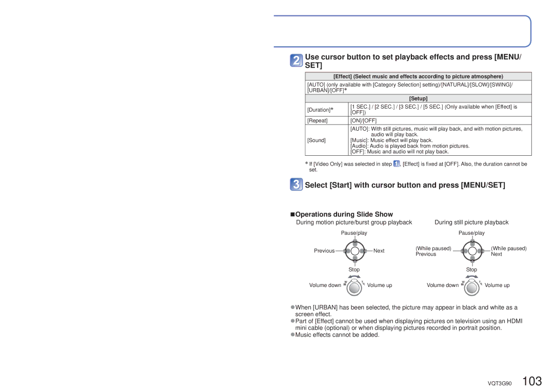 Panasonic DMCZS10K, DMC-ZS10S Select Start with cursor button and press MENU/SET, Operations during Slide Show, Setup 