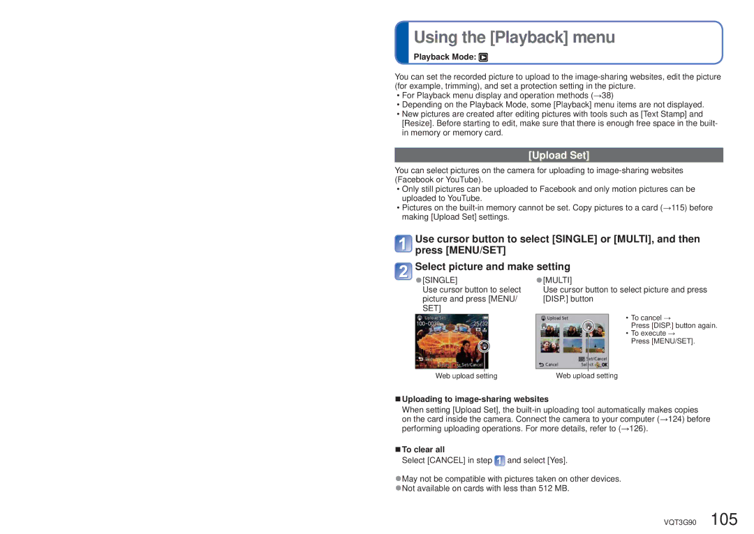 Panasonic DMC-ZS10S, DMCZS10S Using the Playback menu, Upload Set, Uploading to image-sharing websites, To clear all 