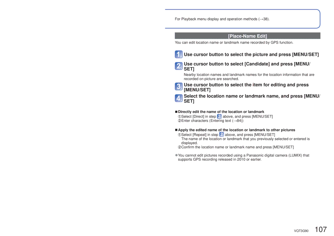 Panasonic DMCZS10A, DMC-ZS10S, DMCZS10S, DMCZS10K Place-Name Edit, Directly edit the name of the location or landmark 