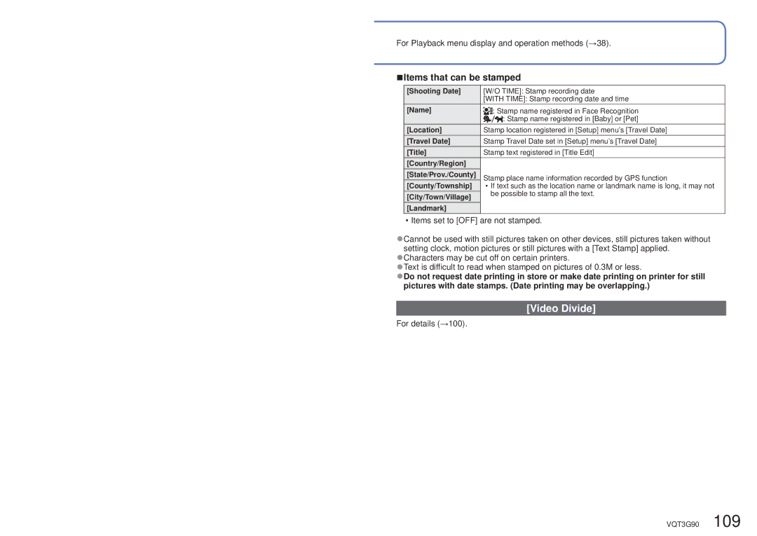 Panasonic DMC ZS10R, DMC-ZS10S, DMCZS10S, DMCZS10A, DMCZS10K owner manual Video Divide, Items that can be stamped 