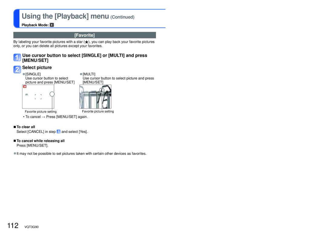 Panasonic DMCZS10A, DMC-ZS10S, DMCZS10S, DMCZS10K, DMC ZS10R Favorite, To cancel while releasing all Press MENU/SET 