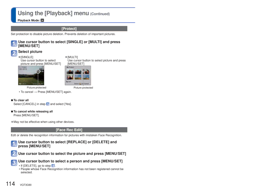 Panasonic DMC ZS10R, DMC-ZS10S, DMCZS10S, DMCZS10A, DMCZS10K owner manual Protect, Face Rec Edit 