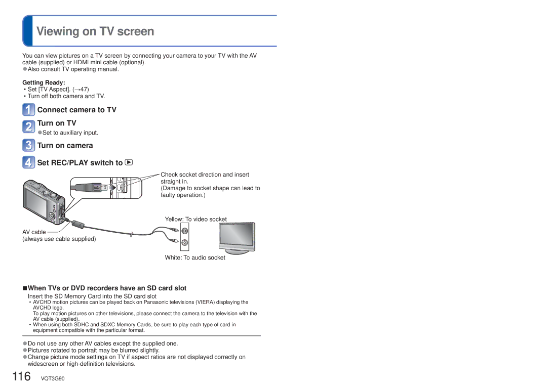 Panasonic DMCZS10S, DMC-ZS10S Viewing on TV screen, Connect camera to TV Turn on TV, Turn on camera Set REC/PLAY switch to 