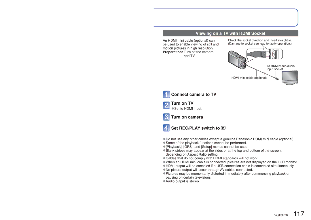 Panasonic DMCZS10A, DMC-ZS10S, DMCZS10S, DMCZS10K, DMC ZS10R owner manual Viewing on a TV with Hdmi Socket 