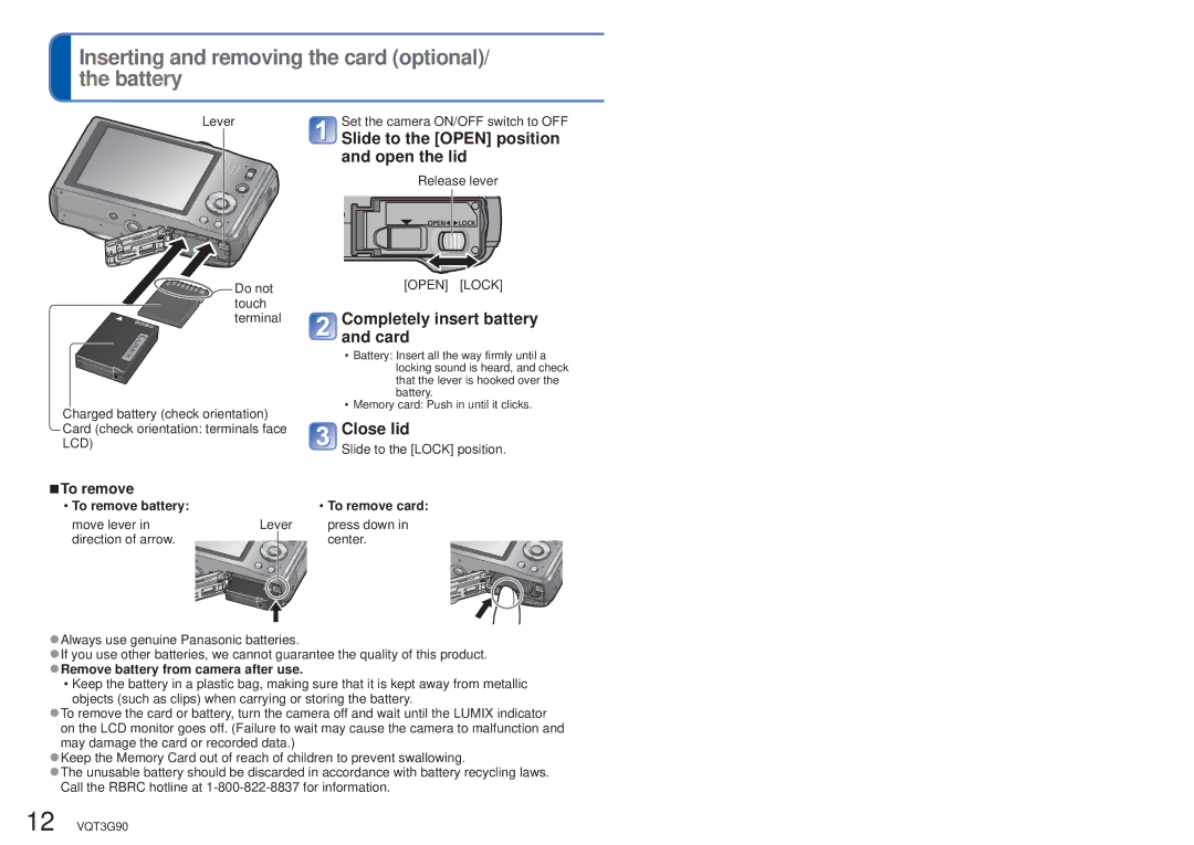 Panasonic DMCZS10A Inserting and removing the card optional/ the battery, Slide to the Open position and open the lid 