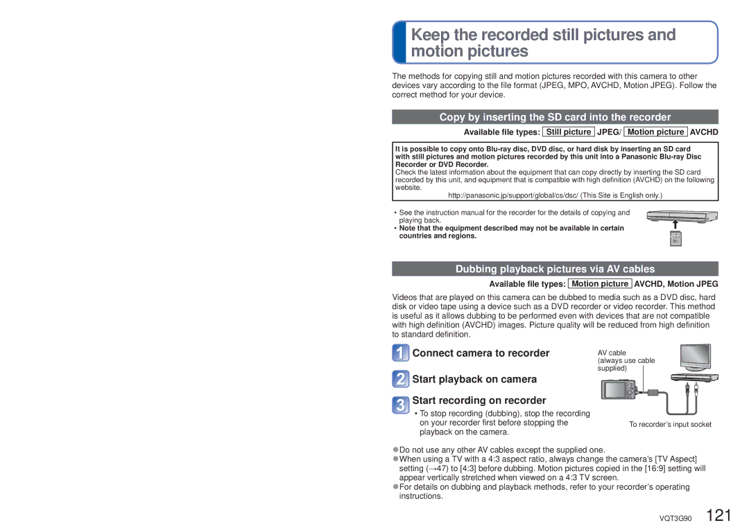 Panasonic DMCZS10S Keep the recorded still pictures and motion pictures, Copy by inserting the SD card into the recorder 