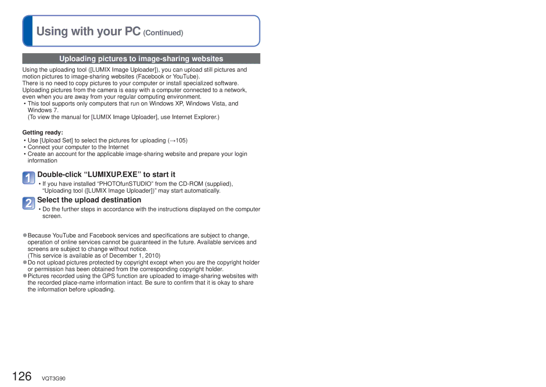 Panasonic DMCZS10S, DMC-ZS10S, DMCZS10A Uploading pictures to image-sharing websites, Double-click LUMIXUP.EXE to start it 