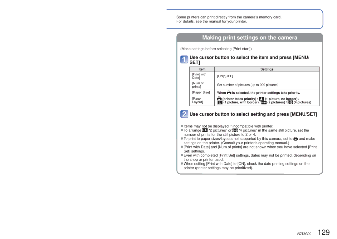 Panasonic DMC ZS10R, DMC-ZS10S, DMCZS10S Use cursor button to select the item and press MENU/ SET, Settings, Pictures 