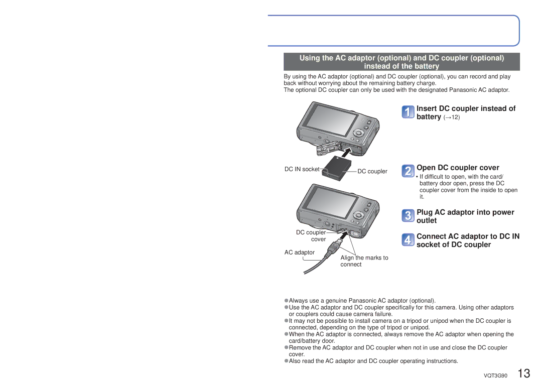 Panasonic DMCZS10K, DMC-ZS10S, DMCZS10S, DMCZS10A, DMC ZS10R owner manual AC adaptor Align the marks to connect 